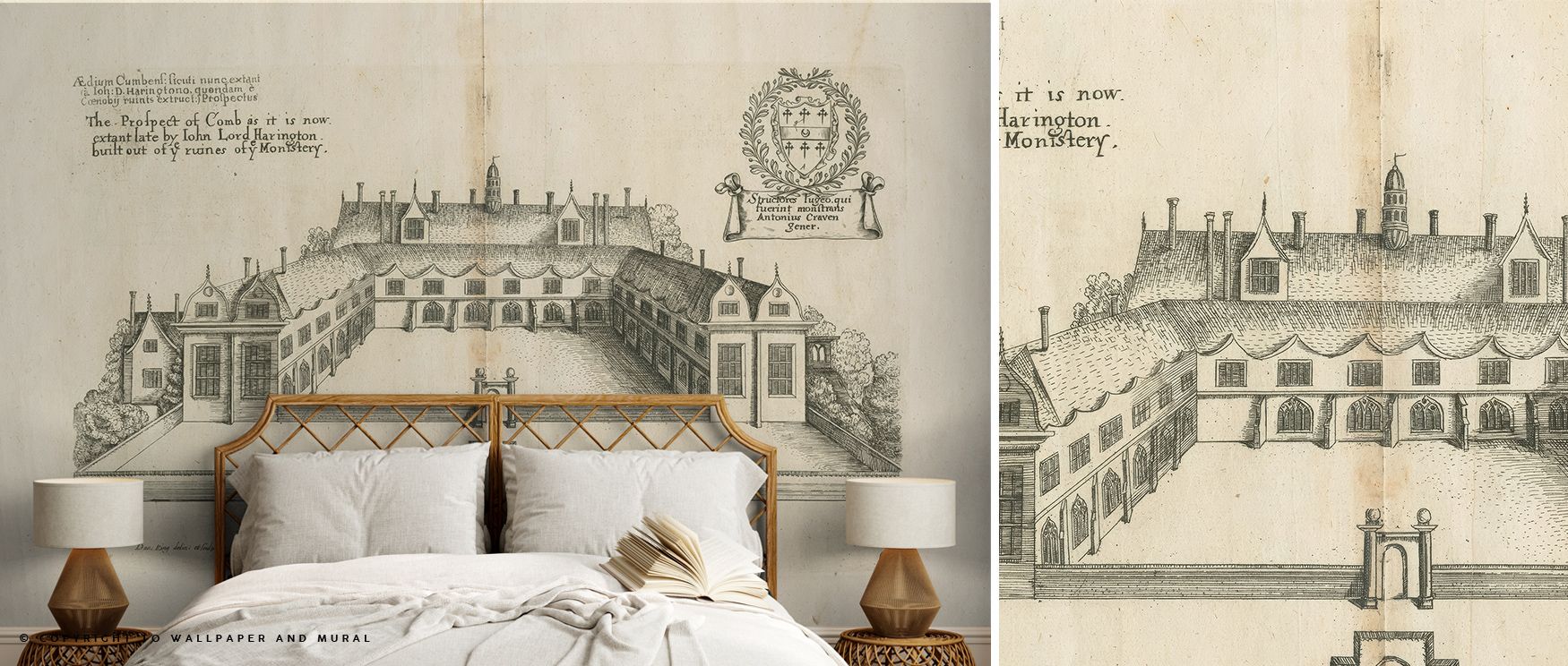 vintage-wallpaper-for-large-spaces-featuring-a-detailed-historic-architectural-sketch-complemented-by-a-rustic-wicker-bed-and-nightstands Vintage wallpaper for large spaces featuring a detailed historic architectural sketch, complemented by a rustic wicker bed and nightstands.