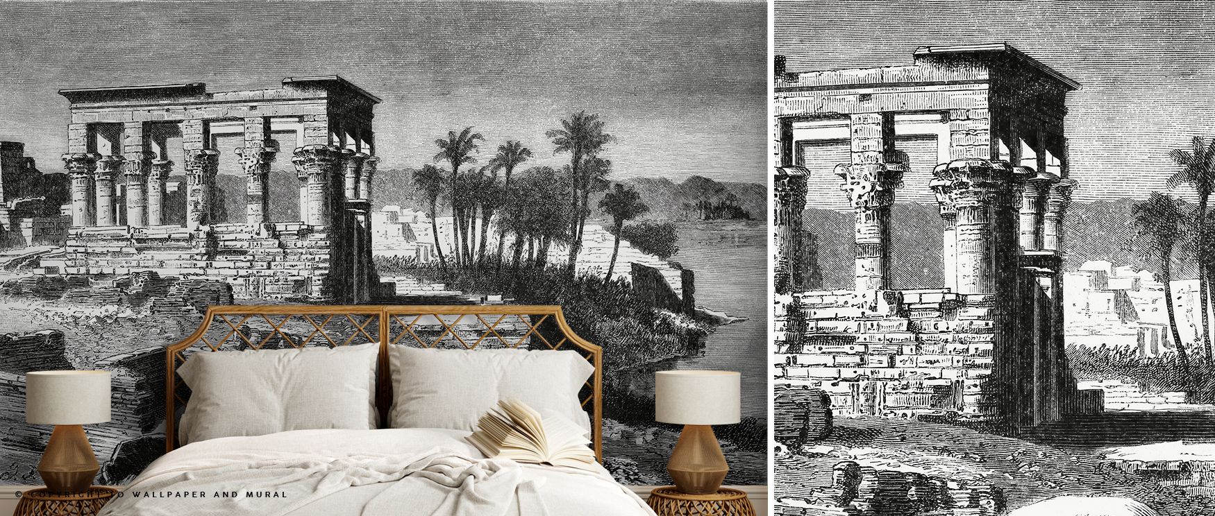 vintage-wallpaper-for-large-spaces-featuring-an-ancient-temple-illustration-with-palm-trees-paired-with-a-rattan-bed-frame Vintage wallpaper for large spaces featuring an ancient temple illustration with palm trees, paired with a rattan bed frame.