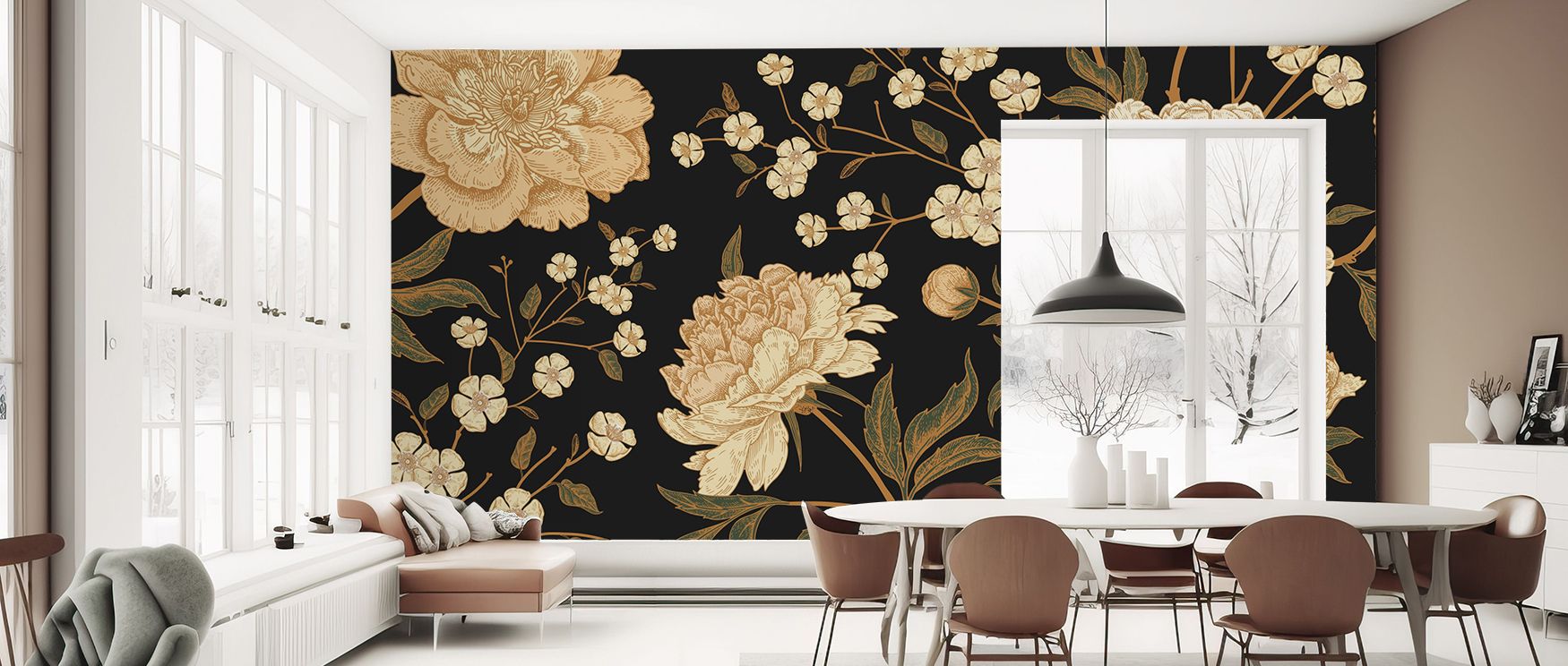 vintage-wallpaper-for-large-spaces-featuring-oversized-floral-patterns-in-gold-on-a-black-background-complementing-modern-dining-furniture Vintage wallpaper for large spaces featuring oversized floral patterns in gold on a black background, complementing modern dining furniture.