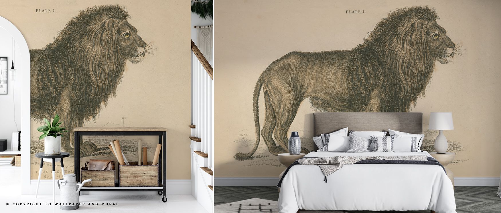 Vintage Wallpaper for Small Spaces featuring a detailed lion illustration, complemented by rustic furniture in a cozy interior.