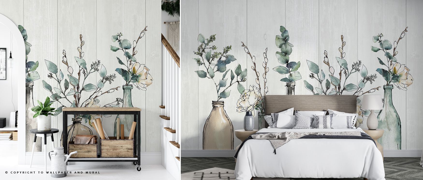 Vintage Wallpaper for Small Spaces featuring illustrated glass bottles with delicate flowers, paired with modern bedroom furniture.