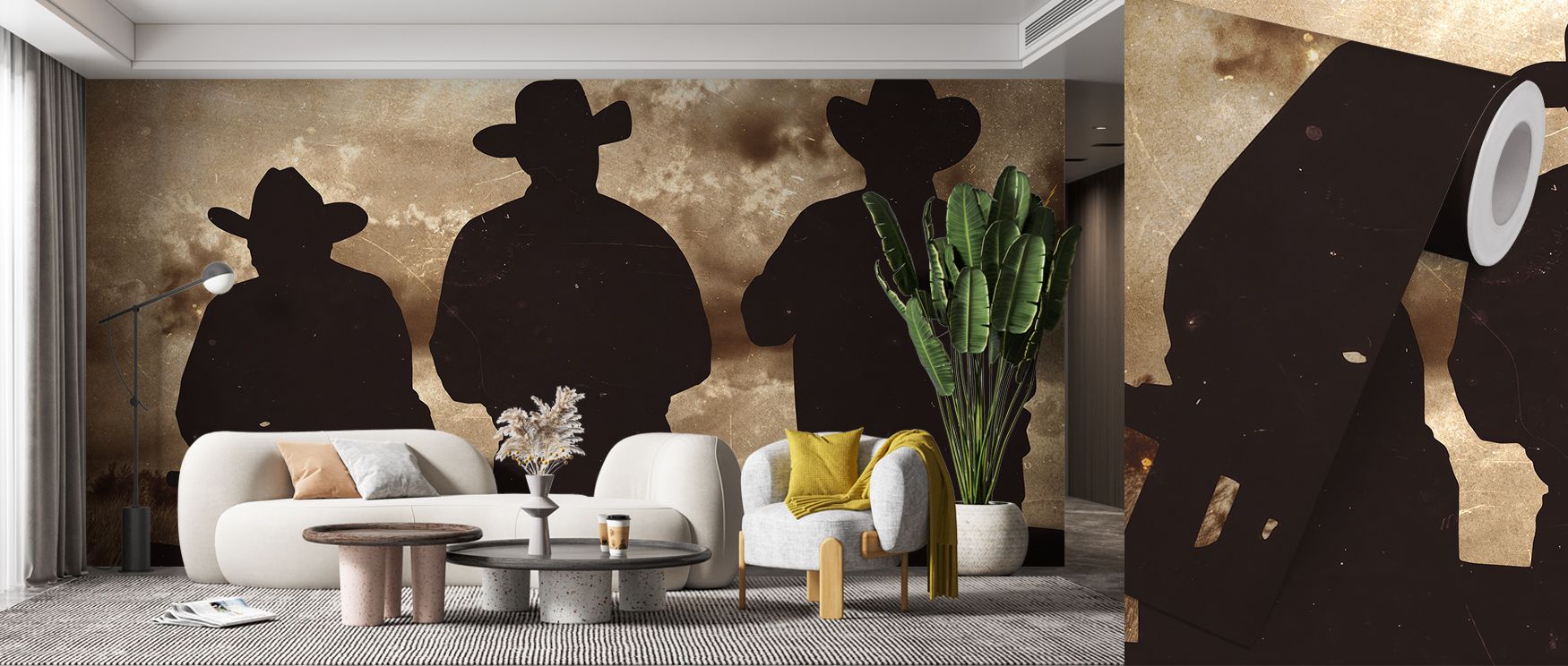 Vintage Wallpaper for Small Spaces featuring silhouettes of three cowboys in hats, set behind a modern sofa and plant.