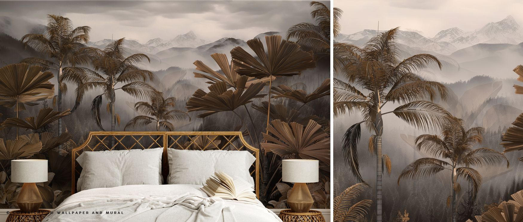 Vintage Wallpaper for Small Spaces featuring tropical palms and misty mountains behind a wicker bed and neutral lamps.