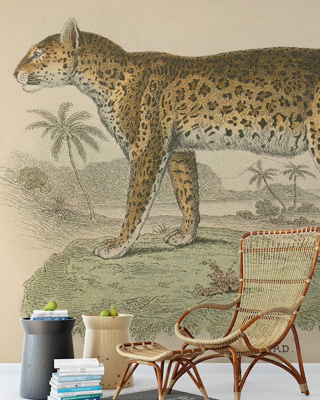 vintage-wallpapers-for-large-spaces-featuring-a-detailed-leopard-illustration-with-a-wicker-chair-and-side-tables-in-front Vintage wallpapers for large spaces featuring a detailed leopard illustration with a wicker chair and side tables in front.