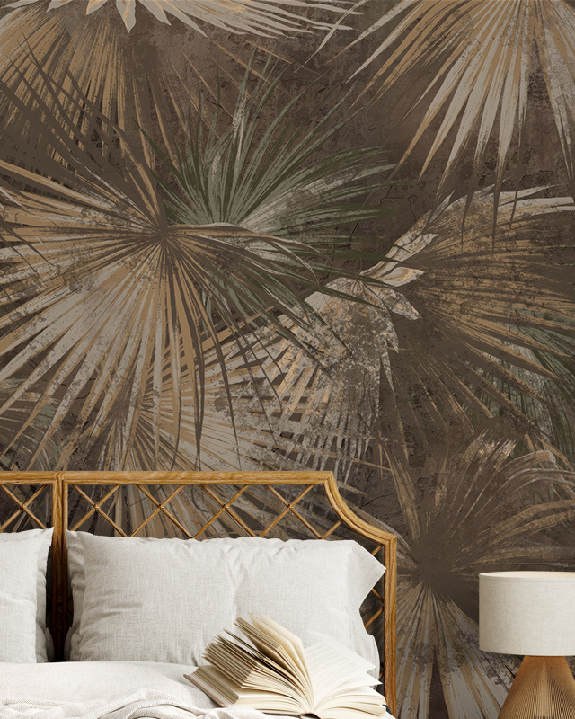 vintage-wallpapers-for-large-spaces-featuring-an-earthy-palm-leaf-design-behind-a-wooden-bed-adding-a-tropical-touch Vintage wallpapers for large spaces featuring an earthy palm leaf design behind a wooden bed, adding a tropical touch.