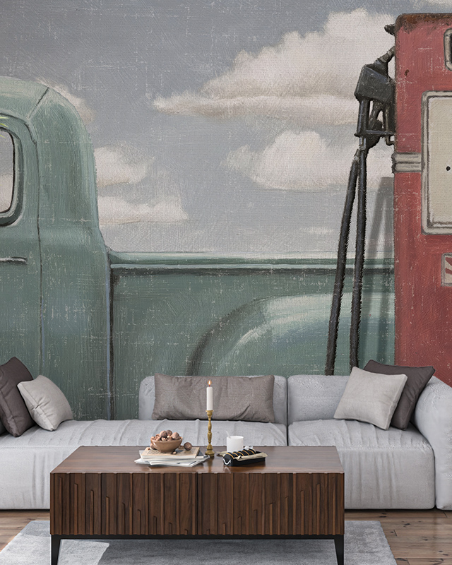 vintage-wallpapers-for-large-spaces-featuring-an-old-gas-pump-and-vintage-truck-design-behind-a-modern-gray-sofa Vintage wallpapers for large spaces featuring an old gas pump and vintage truck design behind a modern gray sofa.