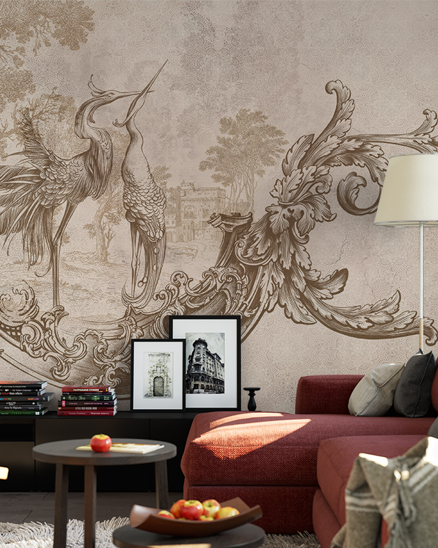 vintage-wallpapers-for-large-spaces-featuring-an-ornate-crane-illustration-behind-a-modern-living-room-with-a-red-sofa Vintage wallpapers for large spaces featuring an ornate crane illustration behind a modern living room with a red sofa.