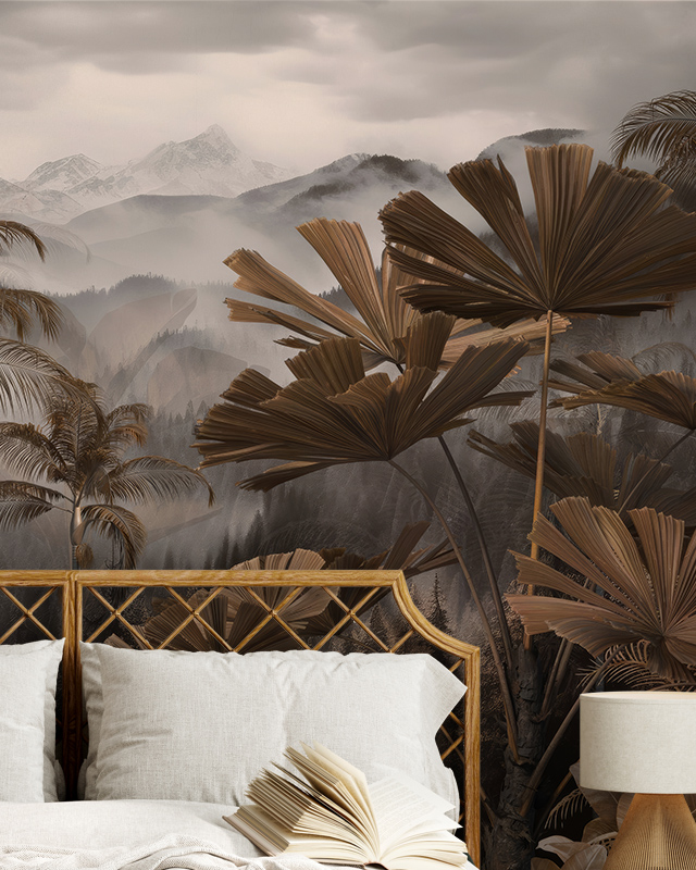 vintage-wallpapers-for-large-spaces-featuring-tropical-palm-leaves-and-misty-mountains-behind-a-wooden-bed Vintage wallpapers for large spaces featuring tropical palm leaves and misty mountains behind a wooden bed.