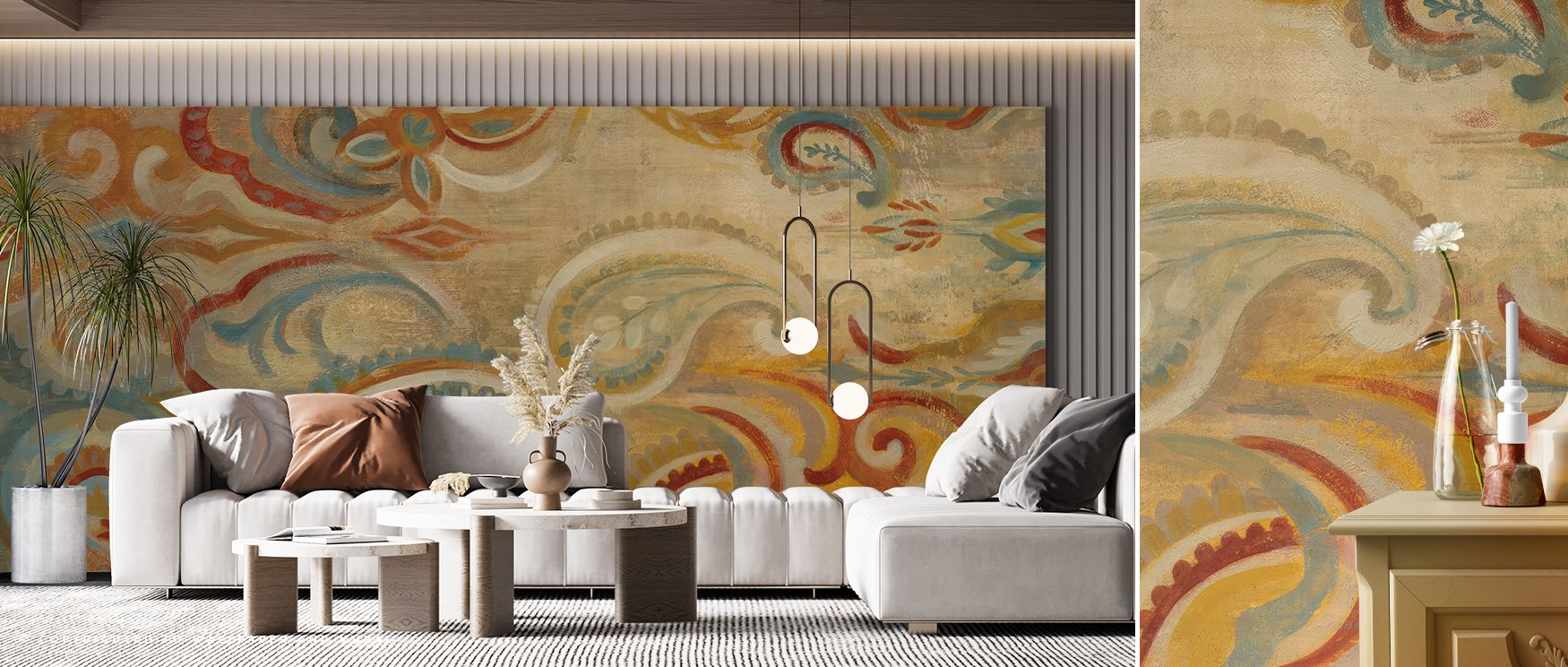 vintage-wallpapers-for-large-spaces-featuring-vibrant-abstract-swirls-in-warm-tones-complementing-modern-beige-furniture-and-decor Vintage wallpapers for large spaces featuring vibrant, abstract swirls in warm tones, complementing modern beige furniture and decor.