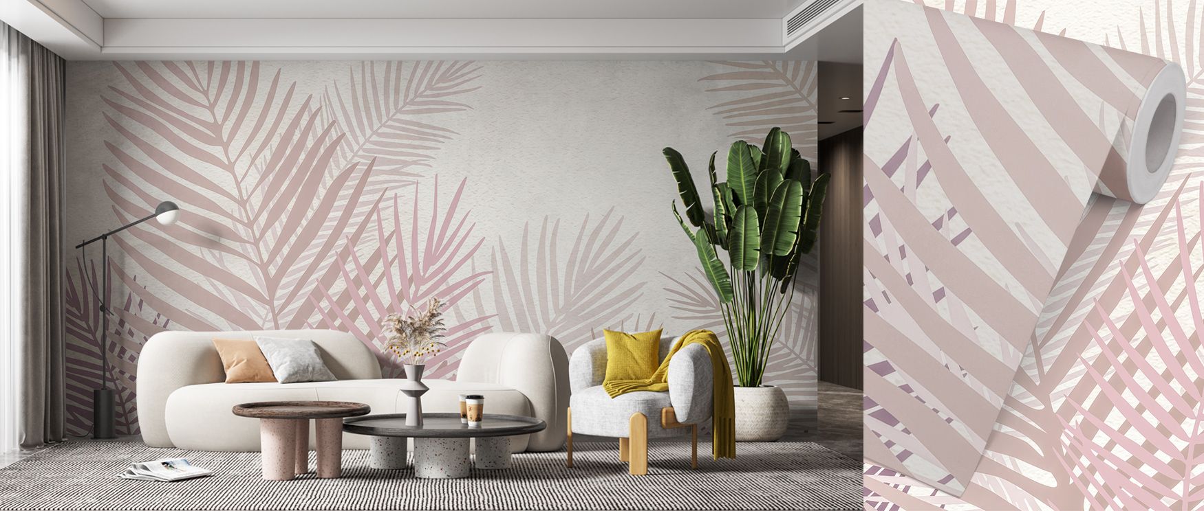 Wallpaper for different workplaces featuring soft pink palm leaf designs, paired with modern furniture and a large plant.