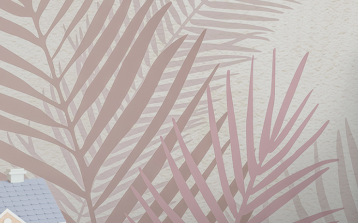 Wallpaper for different workplaces featuring soft pink palm leaf patterns, complemented by a cozy pouf and miniature house.
