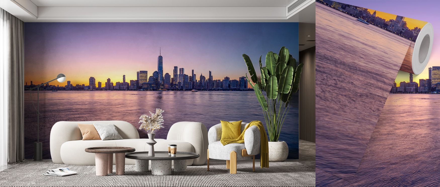 Wallpaper for open office layouts showcasing a sunset city skyline, with modern white sofas, a coffee table, and plants.