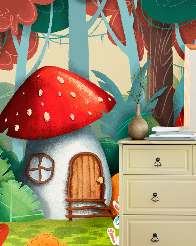 whimsical-forest-wallpaper-with-a-mushroom-house-ideal-for-exploring-playful-color-schemes-for-teens-room-wallpaper Whimsical forest wallpaper with a mushroom house, ideal for exploring playful color schemes for teens room wallpaper.