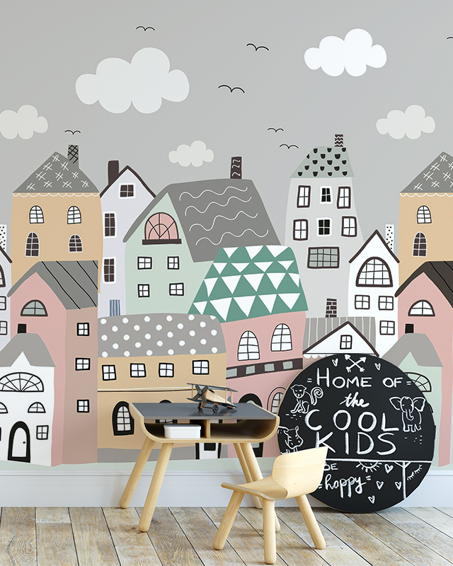 whimsical-town-illustration-boys-teens-room-wallpaper-with-a-desk-chair-and-home-of-the-cool-kids-sign Whimsical town illustration Boys Teens Room wallpaper with a desk, chair, and 'Home of the Cool Kids' sign.