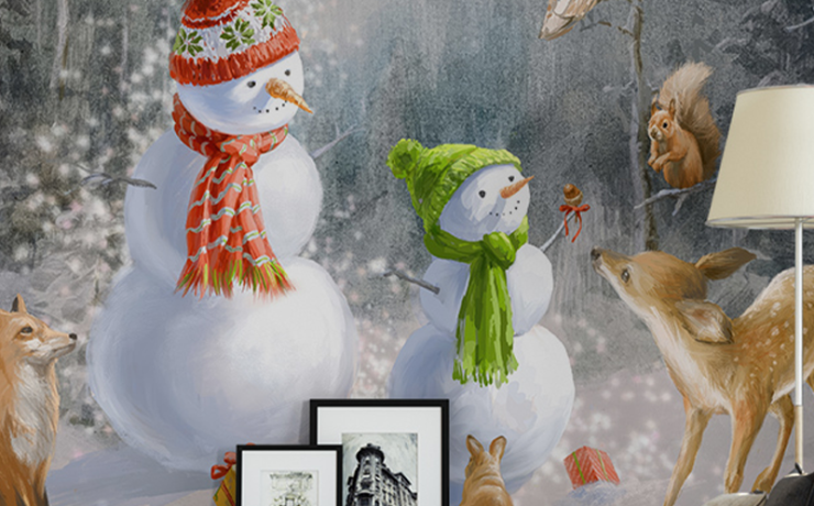 Whimsical winter scene wallpaper with snowmen and forest animals, showcasing the benefits of using wallpaper in teens room.