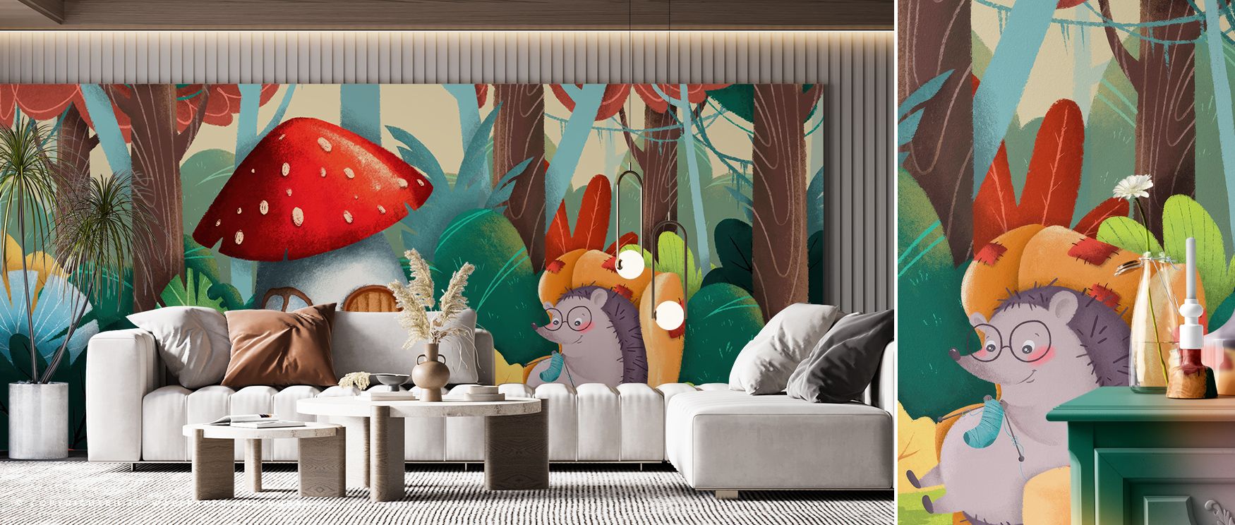 whimsical-woodland-wallpaper-featuring-a-hedgehog-and-mushroom-house-highlighting-the-benefits-of-using-wallpaper-in-teens-rooms-for-creativity-and-personalization Whimsical woodland wallpaper featuring a hedgehog and mushroom house, highlighting the benefits of using wallpaper in teens' rooms for creativity and personalization.