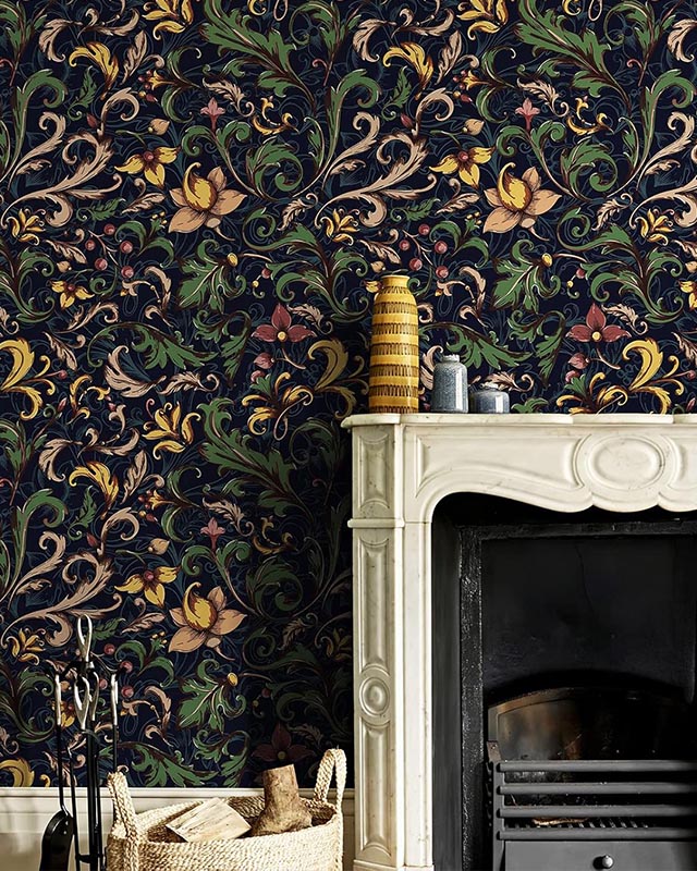 william-morris-vs-modern-wallpaper-styles-featuring-floral-wallpaper-behind-a-white-fireplace-mantel-with-modern-decor William Morris vs. Modern Wallpaper Styles featuring floral wallpaper behind a white fireplace mantel with modern decor.