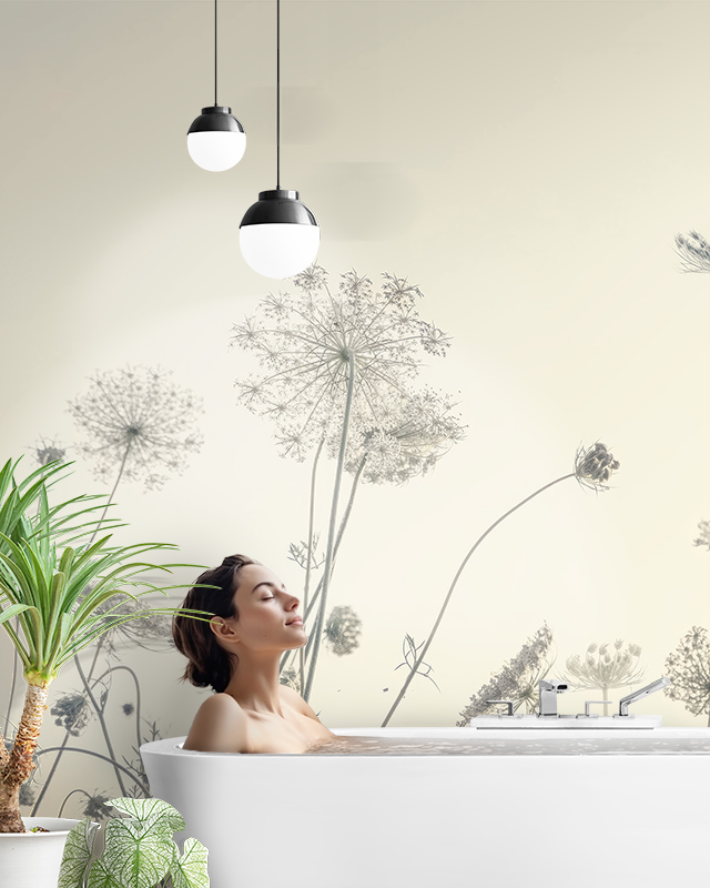 woman-relaxing-in-a-bathtub-with-choosing-the-right-shade-of-beige-floral-wallpaper-indoor-plants-and-pendant-lights Woman relaxing in a bathtub with Choosing the Right Shade of Beige floral wallpaper, indoor plants, and pendant lights.