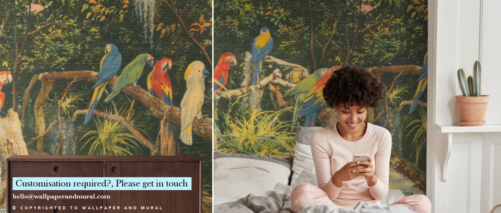 woman-sitting-on-a-bed-with-vibrant-parrot-themed-retro-60s-70s-vintage-wallpaper-in-the-background Woman sitting on a bed, with vibrant parrot-themed Retro 60s & 70s Vintage Wallpaper in the background.