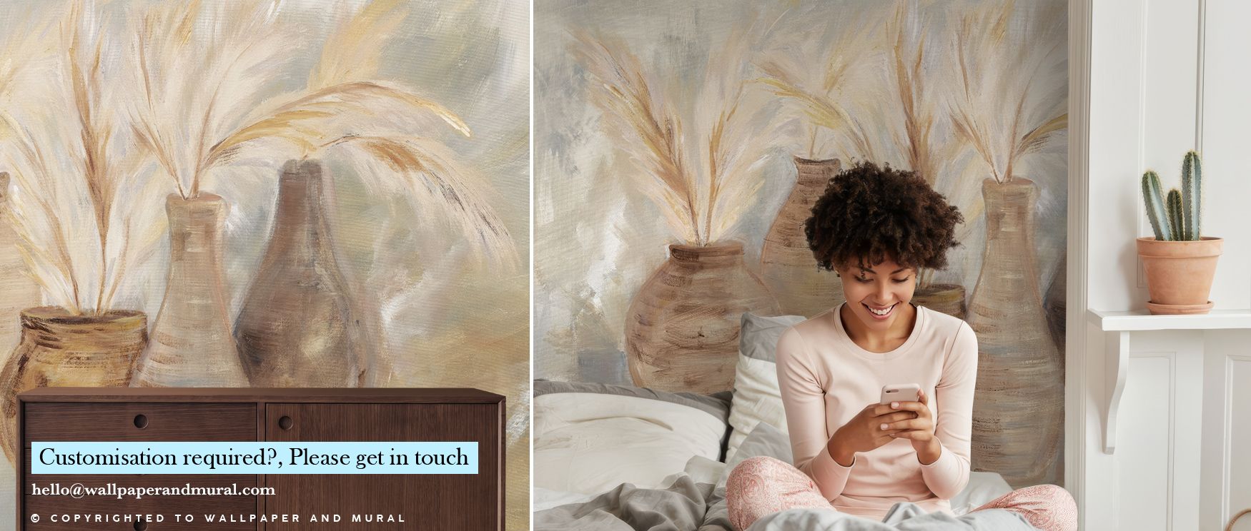 woman-smiling-at-phone-seated-in-front-of-choosing-the-right-shade-of-beige-wallpaper-featuring-vase-and-plant-designs Woman smiling at phone, seated in front of Choosing the Right Shade of Beige wallpaper featuring vase and plant designs.