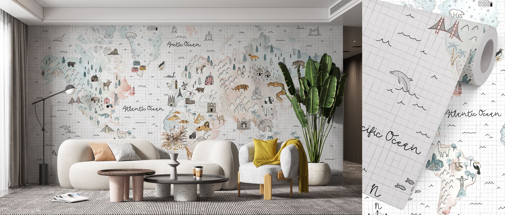 world-map-themed-wallpaper-featuring-illustrated-landmarks-and-animals-reflecting-popular-themes-for-teens-room-wallpapers World map-themed wallpaper featuring illustrated landmarks and animals, reflecting popular themes for teens room wallpapers.