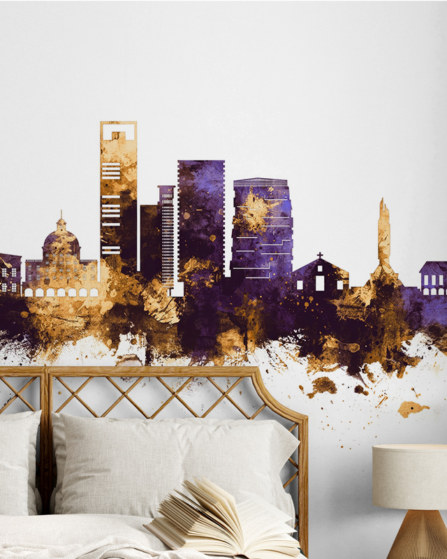 A bedroom features a watercolor skyline mural blending urban industrial vs. urban chic wallpaper styles above the bed.