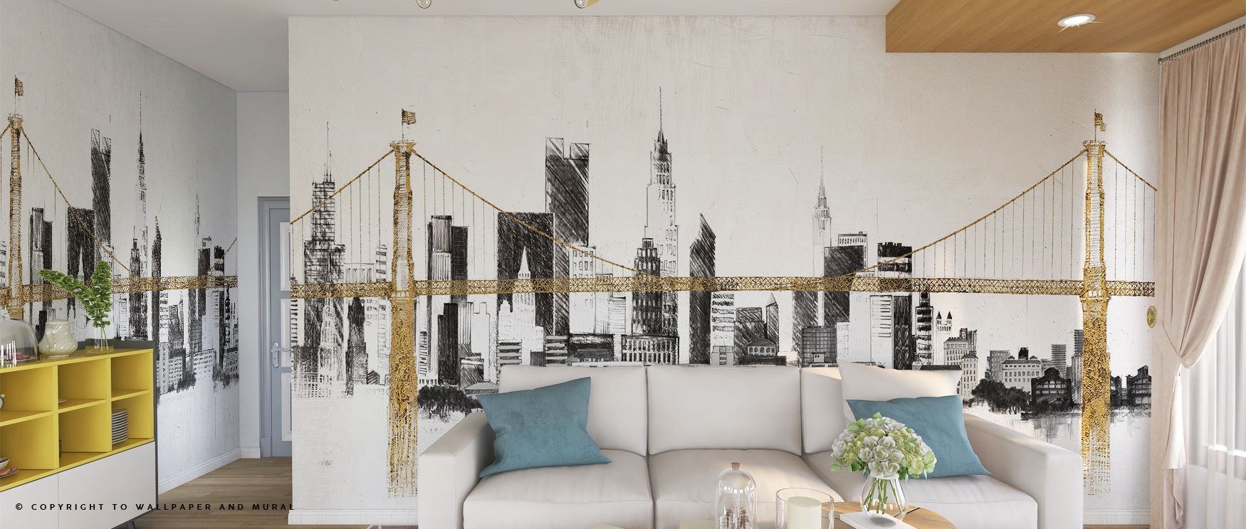 A black and white city skyline mural with a gold bridge detail behind a white sofa, illustrating Urban Wallpaper Trends.