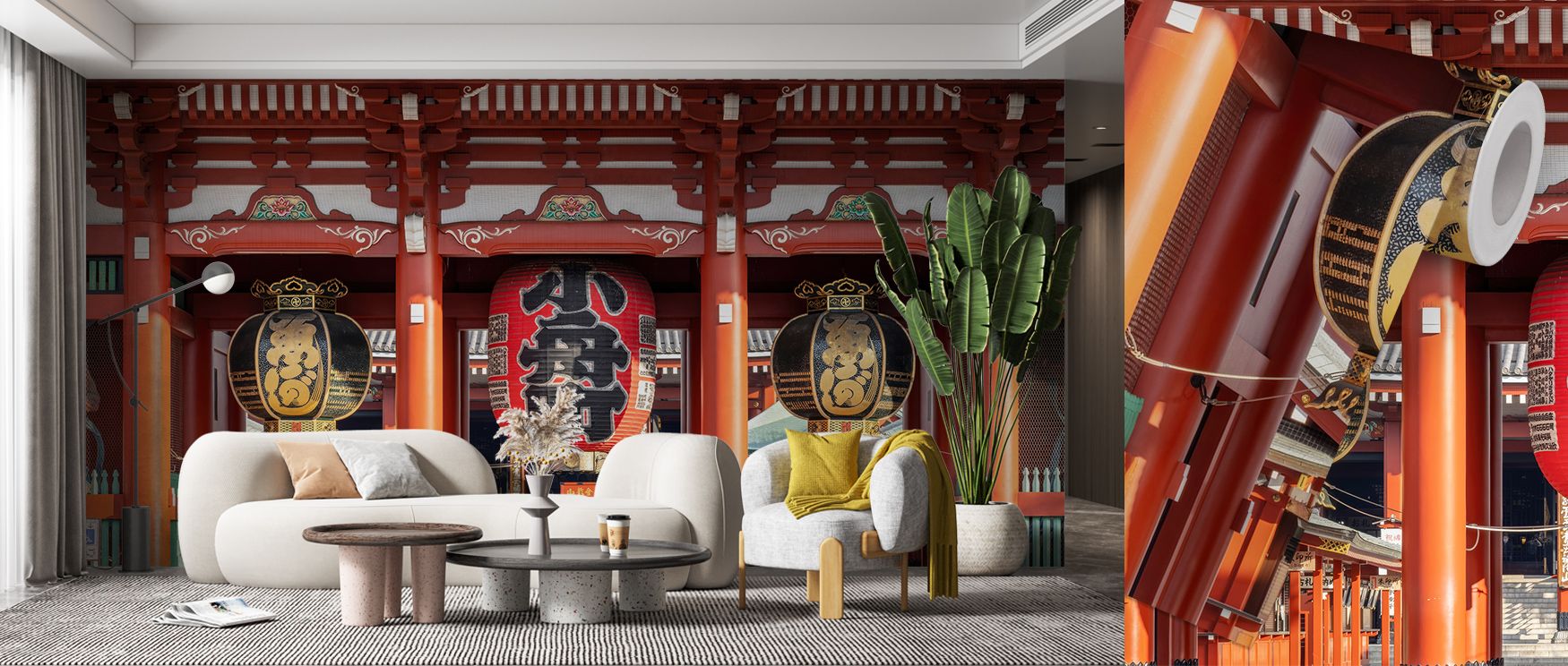 a-bold-japanese-temple-inspired-mural-with-large-lanterns-and-red-pillars-showcasing-types-of-bright-wallpaper-designs A bold, Japanese temple-inspired mural with large lanterns and red pillars showcasing types of bright wallpaper designs.