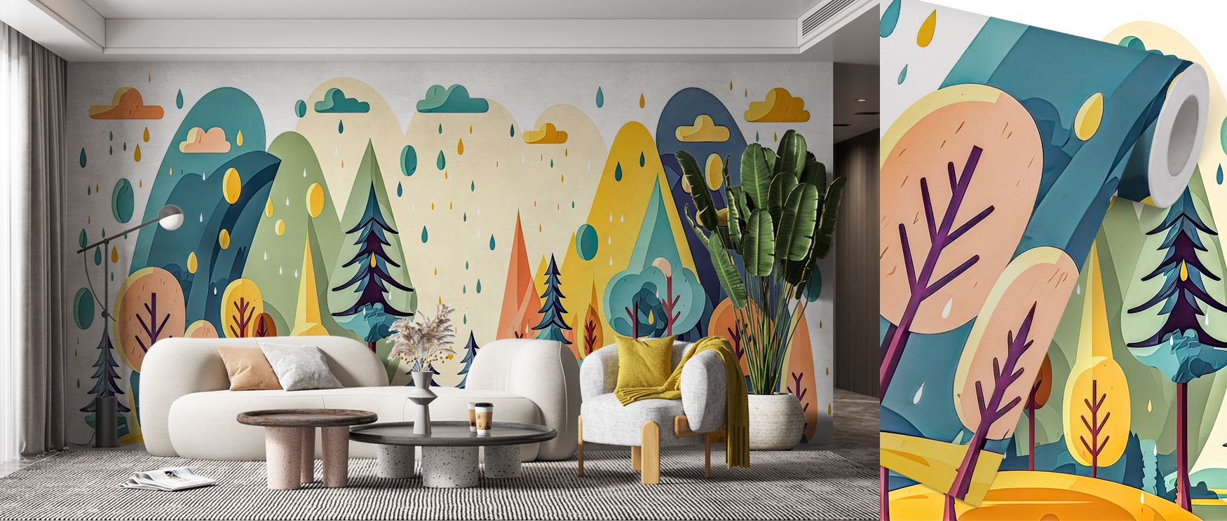 a-colorful-abstract-mountain-landscape-wallpaper-with-raindrops-and-trees-ideal-as-bright-wallpaper-on-accent-walls A colorful, abstract mountain landscape wallpaper with raindrops and trees, ideal as bright wallpaper on accent walls.