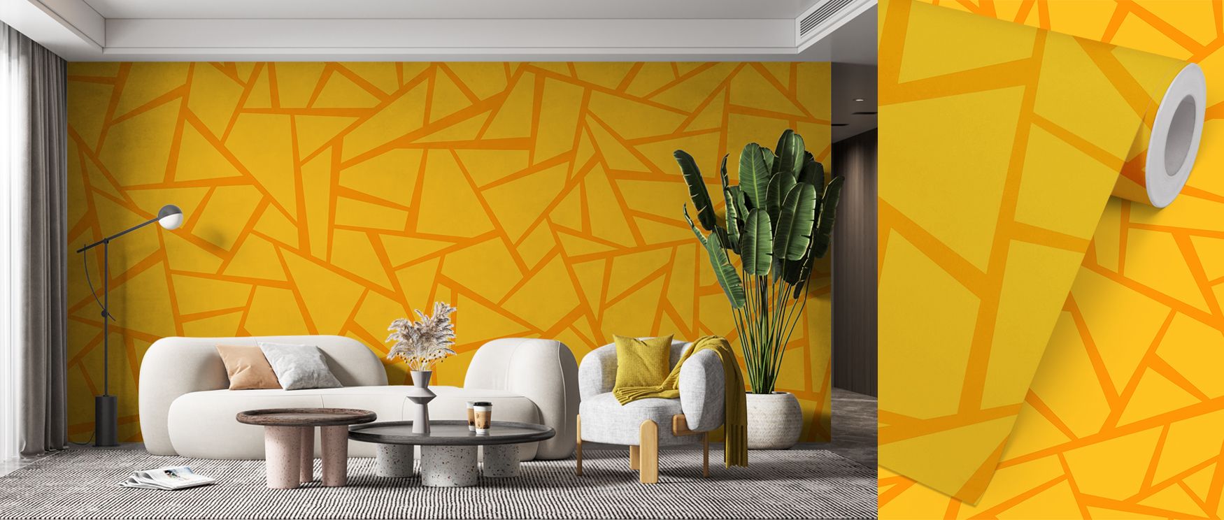 a-geometric-yellow-patterned-wallpaper-brightens-a-modern-living-room-showcasing-bold-designs-from-current-bright-wallpaper-trends A geometric yellow-patterned wallpaper brightens a modern living room, showcasing bold designs from current bright wallpaper trends.