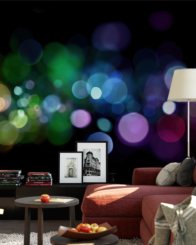 A living room with colorful bokeh effect mural, ideal as urban wallpaper for commercial spaces, creates a vibrant ambiance.