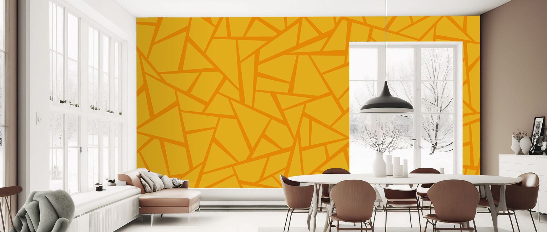 A modern dining room with geometric yellow wallpaper, illustrating room-by-room bright wallpaper ideas for vibrant spaces.