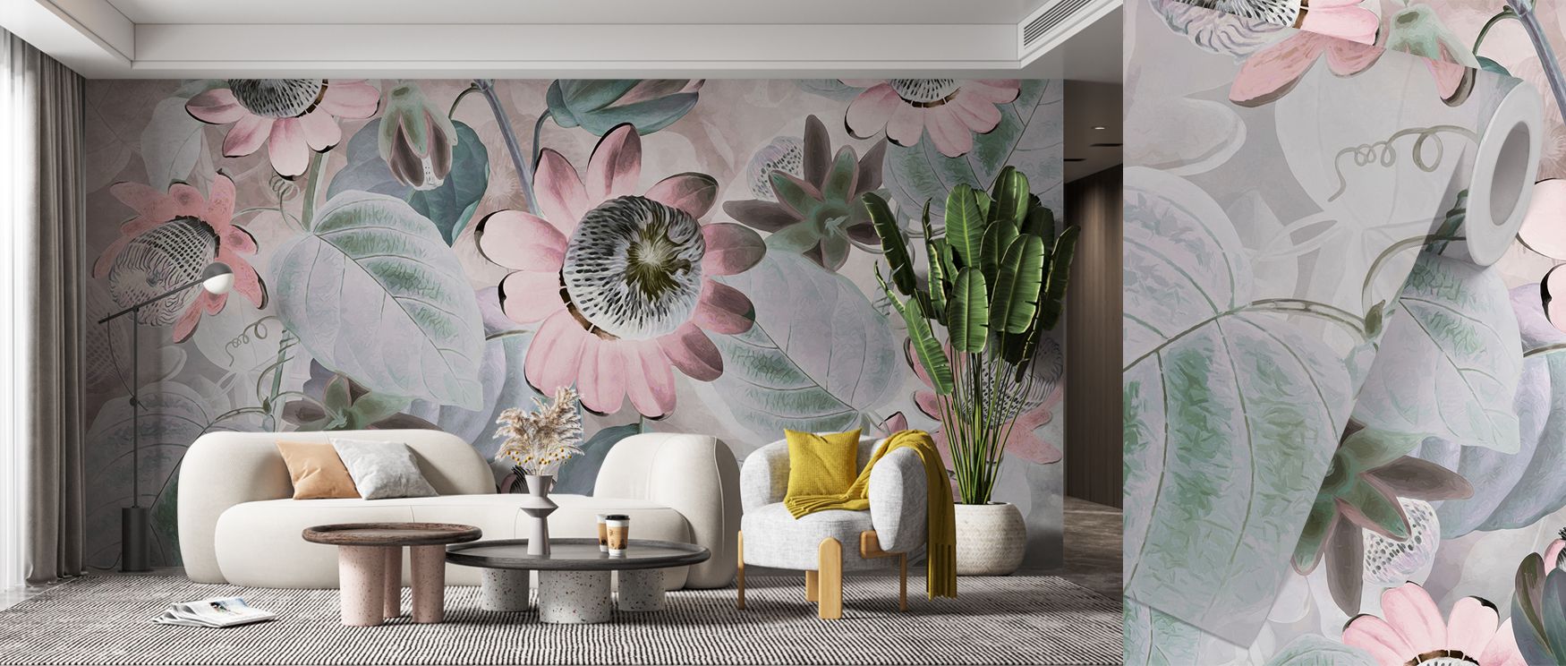 a-soft-pastel-floral-mural-featuring-large-pink-and-green-flowers-ideal-bright-wallpaper-on-accent-walls-for-a-calming-ambiance A soft pastel floral mural featuring large pink and green flowers, ideal bright wallpaper on accent walls for a calming ambiance.