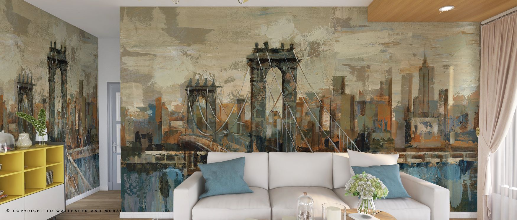 A textured mural of a bridge and city skyline behind a white sofa with blue cushions, showcasing Urban Wallpaper for Commercial Spaces.