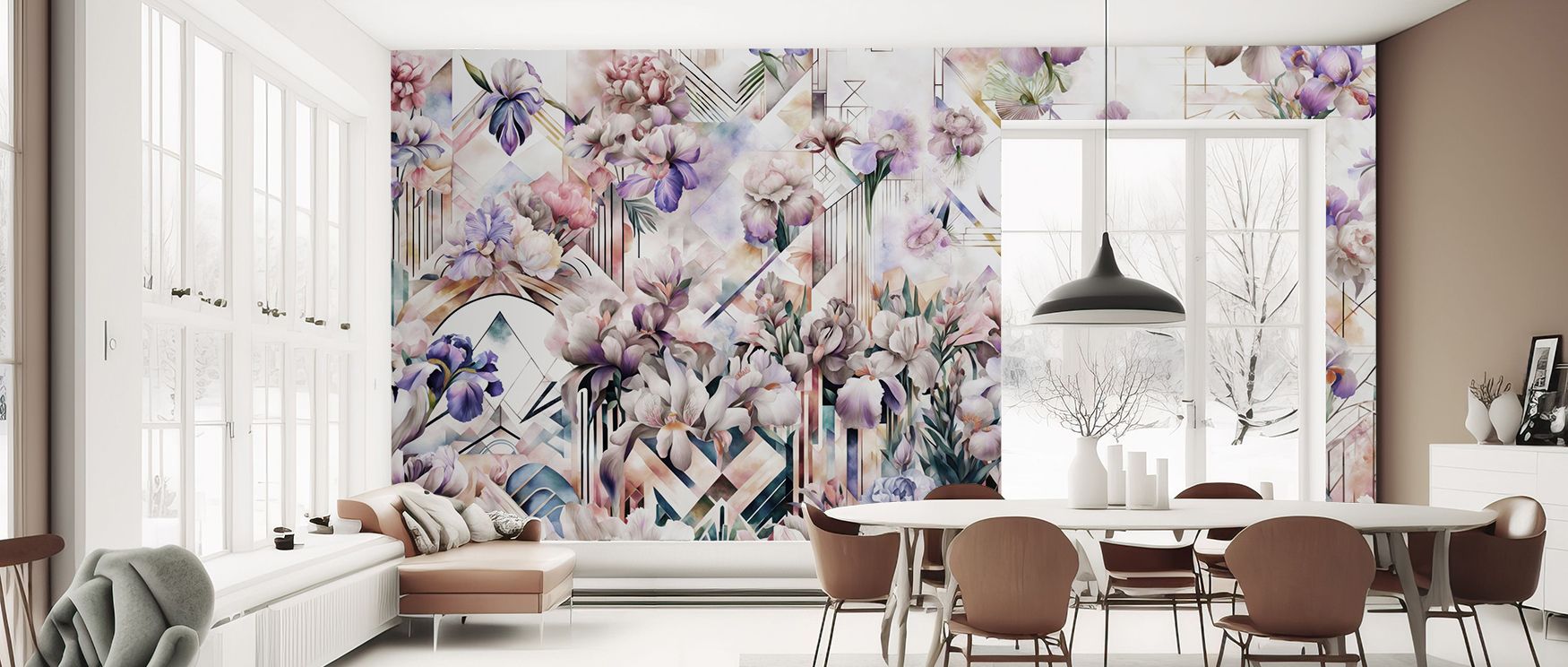a-vibrant-floral-mural-with-geometric-accents-perfect-bright-wallpaper-in-commercial-spaces-to-create-a-lively-atmosphere A vibrant floral mural with geometric accents, perfect bright wallpaper in commercial spaces to create a lively atmosphere.