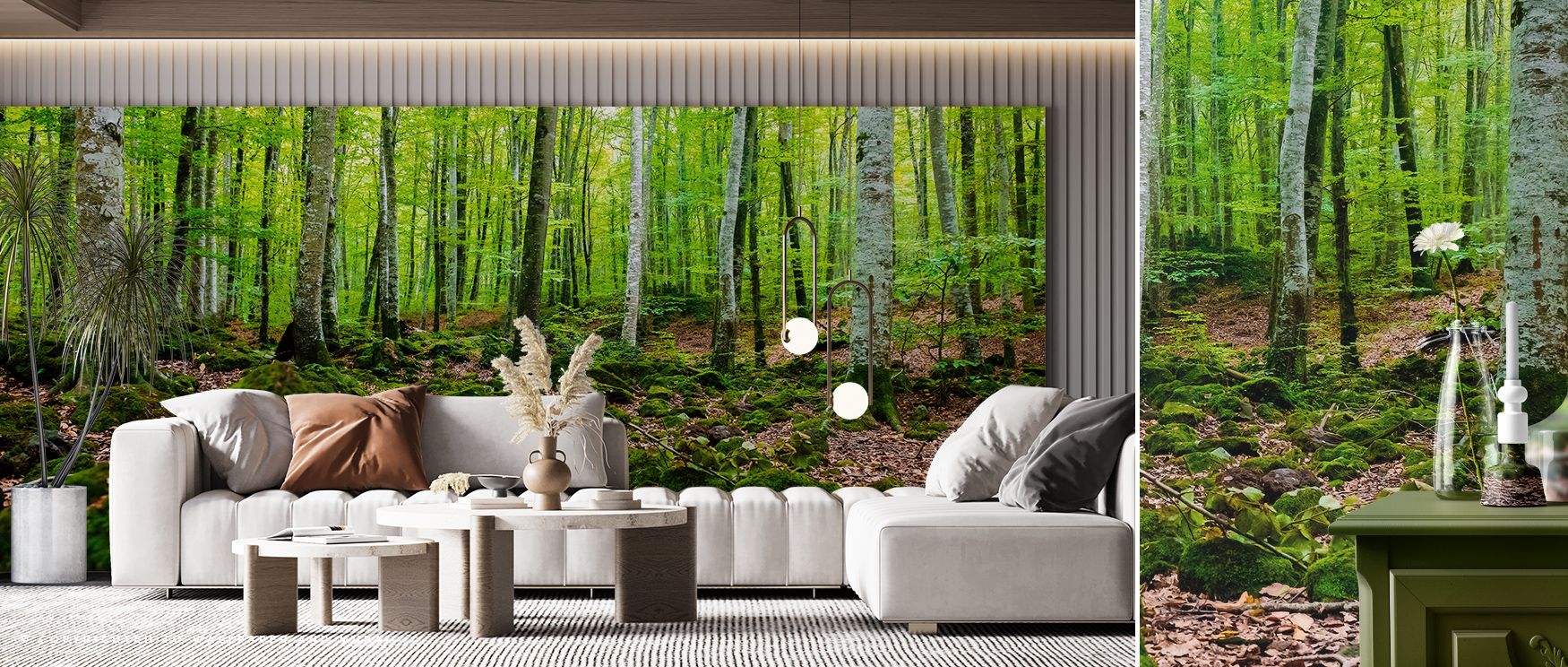 a-vibrant-forest-mural-with-lush-green-trees-and-moss-showcasing-natural-themed-types-of-bright-wallpaper-designs A vibrant forest mural with lush green trees and moss, showcasing natural-themed types of bright wallpaper designs.