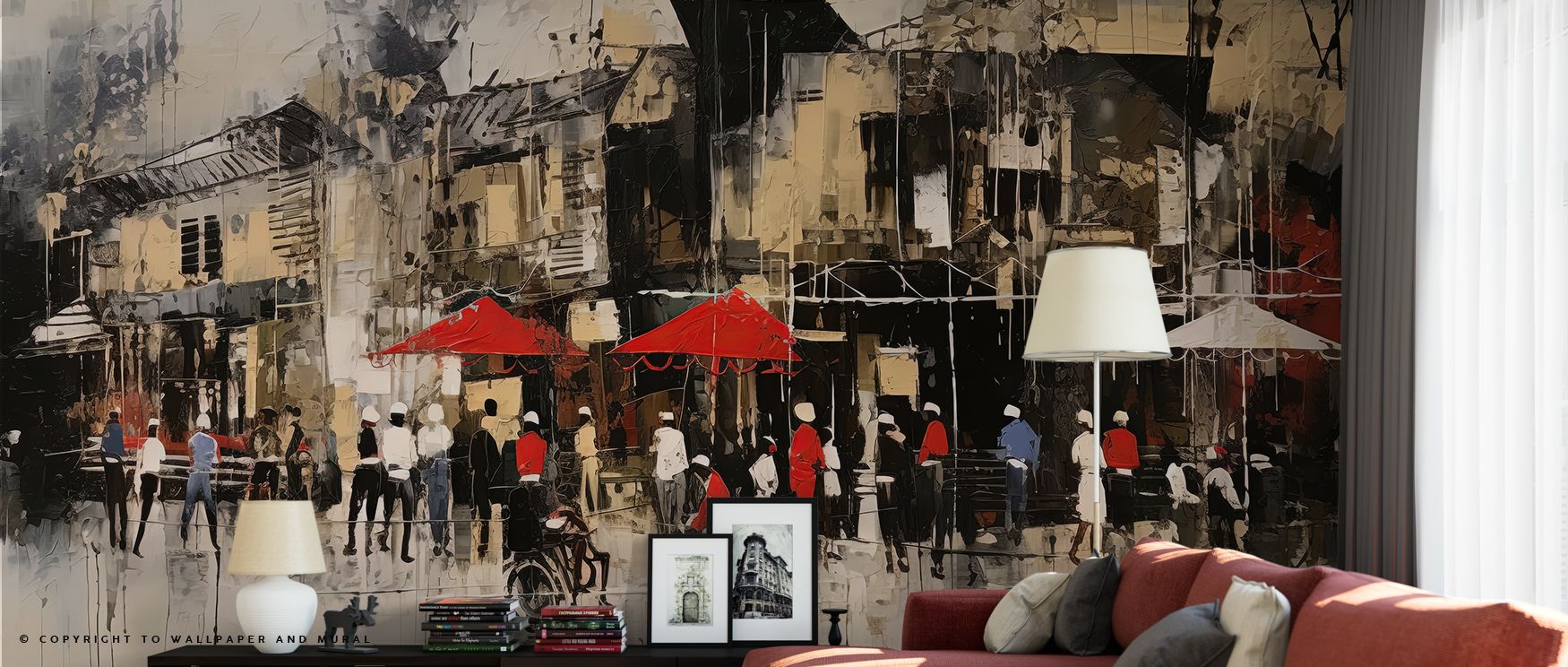 Abstract city street scene with red umbrellas and people, ideal urban wallpaper for commercial spaces.