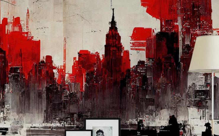 Abstract red and black cityscape mural in a modern living room, illustrating Urban Industrial vs. Urban Chic Wallpaper.