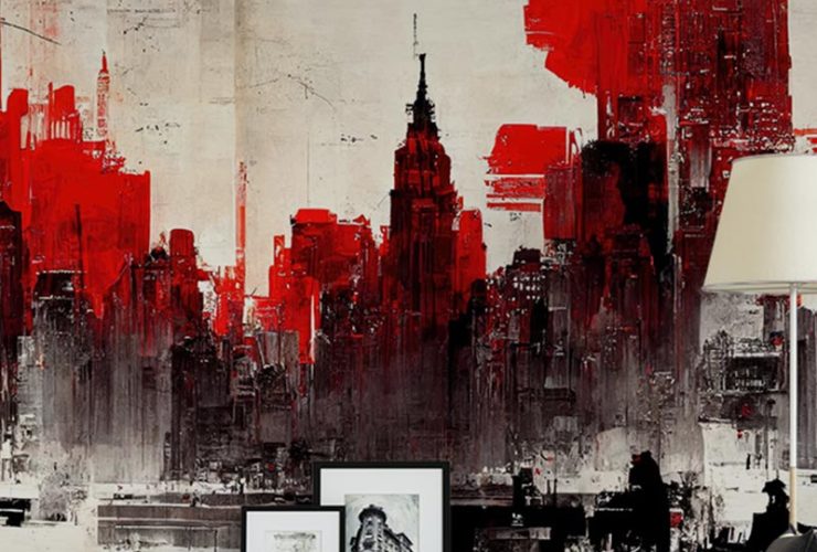 Abstract red and black cityscape mural in a modern living room, illustrating Urban Industrial vs. Urban Chic Wallpaper.