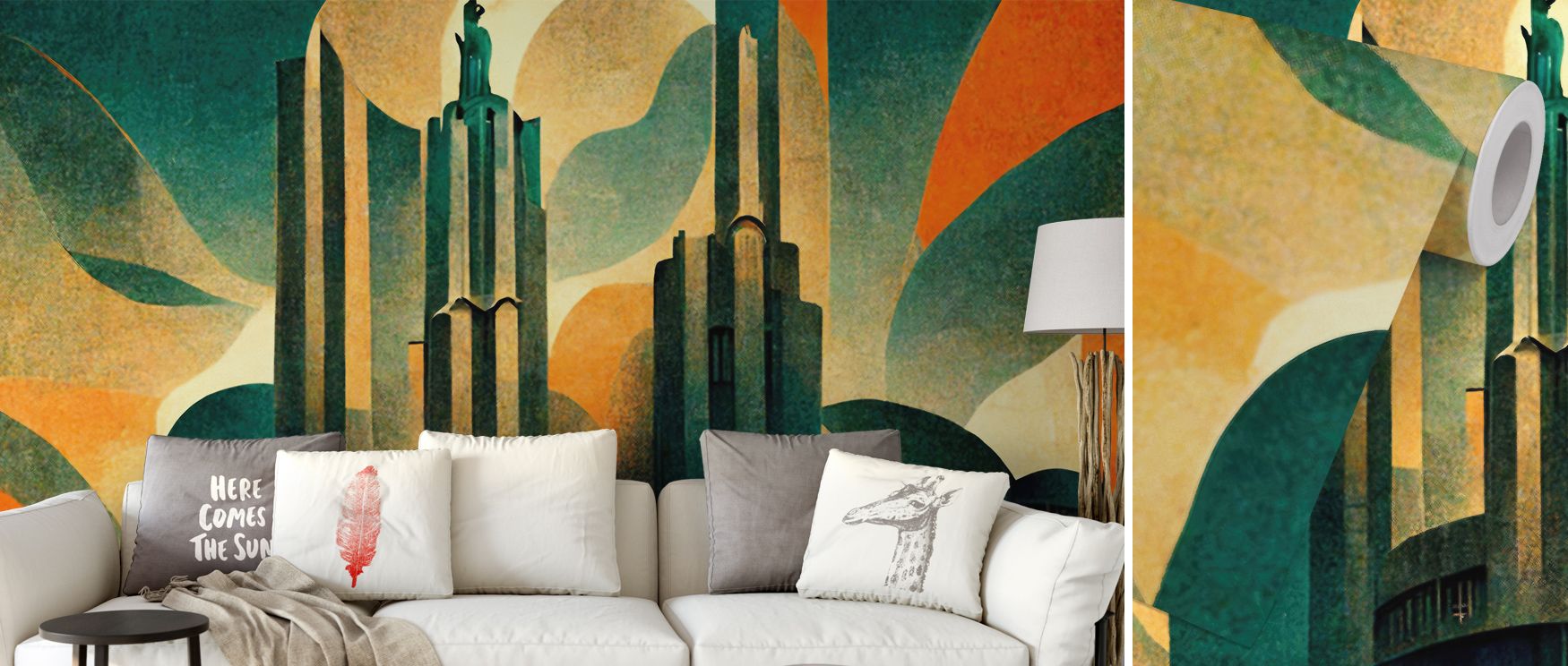 Art Deco-inspired urban wallpaper for commercial spaces, featuring towering skyscrapers in vibrant green, orange, and yellow hues.