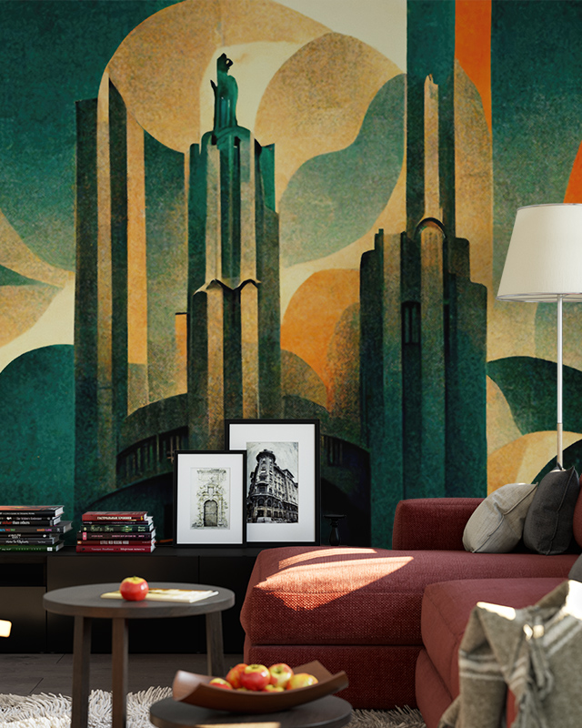 art-deco-style-building-mural-in-bold-green-and-orange-hues-perfect-urban-wallpaper-for-open-concept-spaces Art Deco-style building mural in bold green and orange hues, perfect urban wallpaper for open-concept spaces.