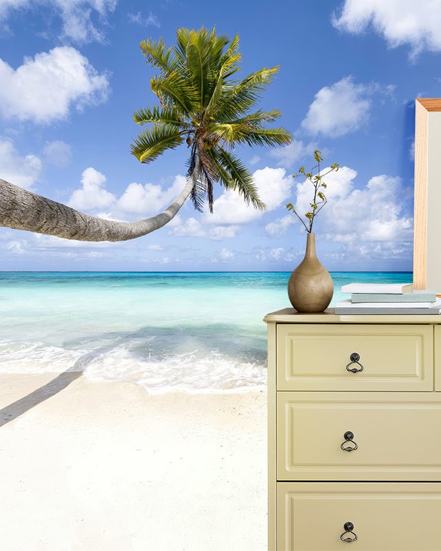 beach-scene-wallpaper-with-a-leaning-palm-tree-and-turquoise-water-illustrating-types-of-bright-wallpaper-designs Beach scene wallpaper with a leaning palm tree and turquoise water, illustrating types of bright wallpaper designs.