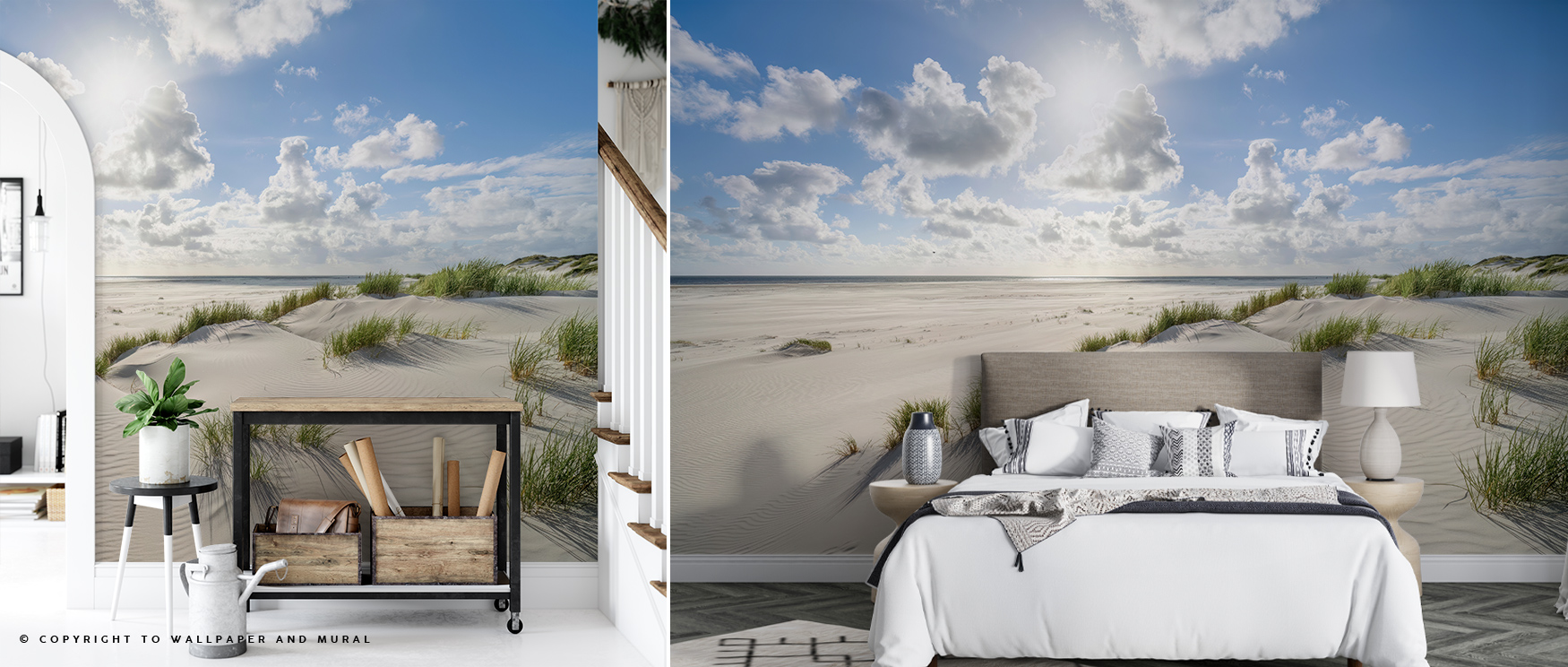 Bedroom and hallway with coastal-themed bright wallpaper for small spaces, featuring sand dunes, grass, and a sunny sky.