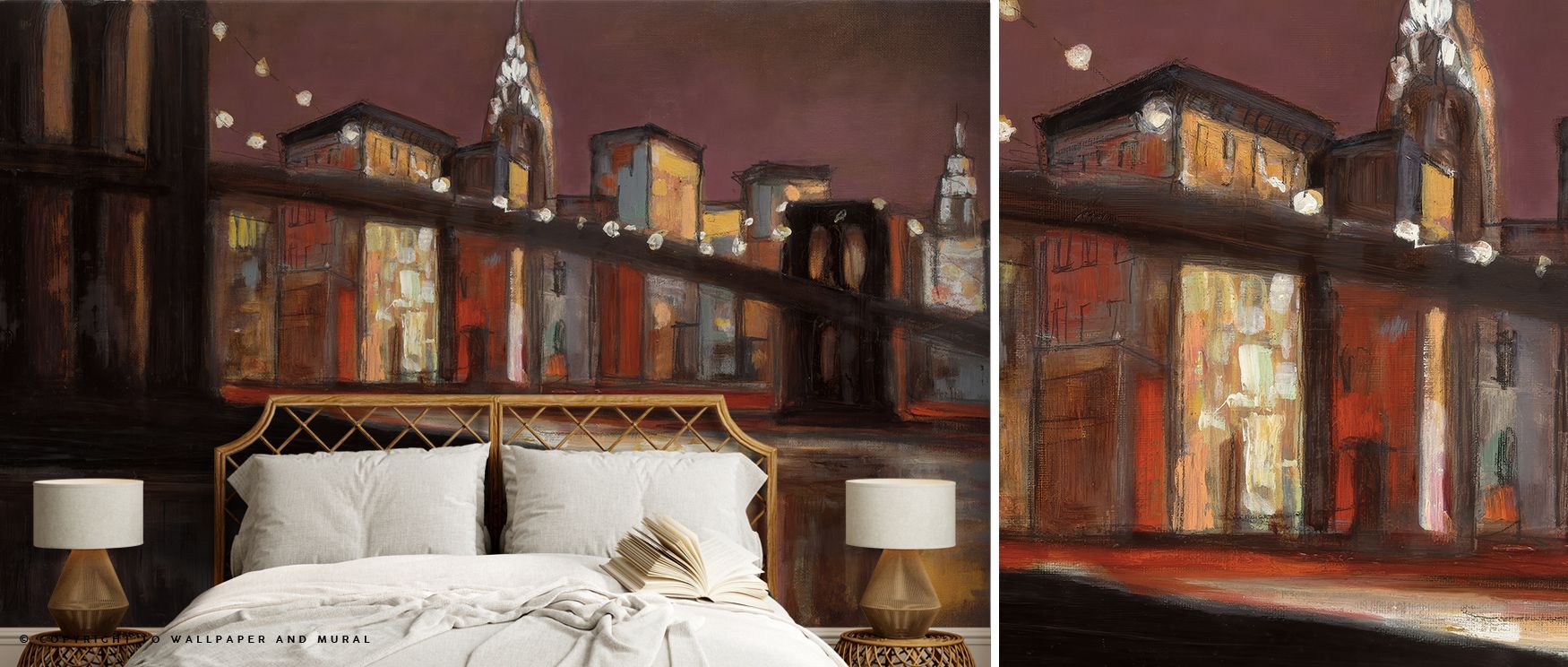Bedroom with a painted mural of a nighttime city skyline and bridge lights, highlighting urban industrial vs. urban chic wallpaper styles.