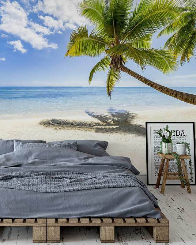 bedroom-with-a-tropical-beach-scene-showcasing-bright-wallpaper-trends-for-a-relaxing-modern-interior Bedroom with a tropical beach scene, showcasing bright wallpaper trends for a relaxing, modern interior.