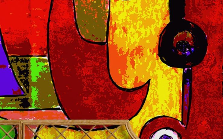 Bedroom with abstract art-inspired bright wallpaper trends featuring bold, vibrant colors and geometric shapes.