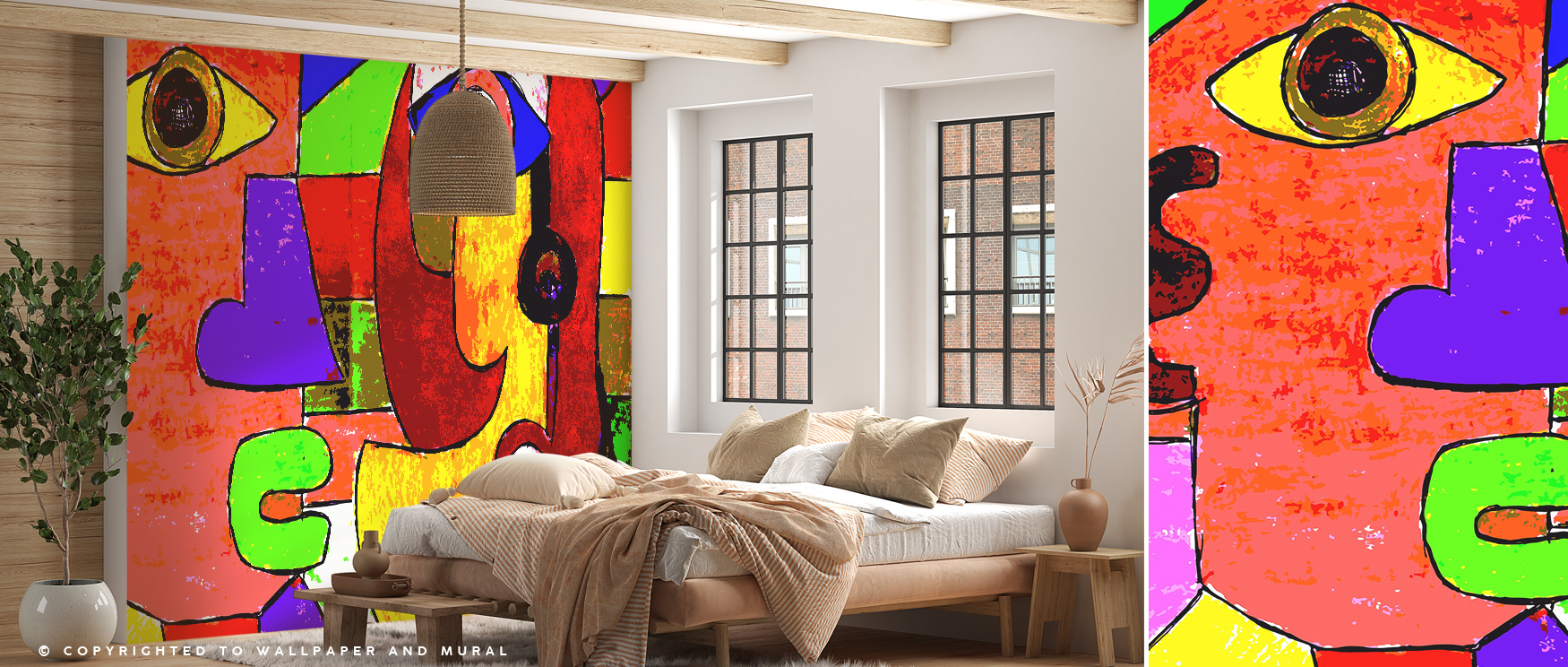 Bedroom with abstract art-inspired bright wallpaper trends, showcasing vibrant colors, bold shapes, and geometric designs.