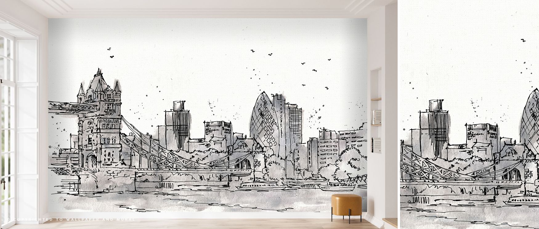 Black and white sketch of a city skyline featuring iconic buildings, ideal urban wallpaper for commercial spaces.