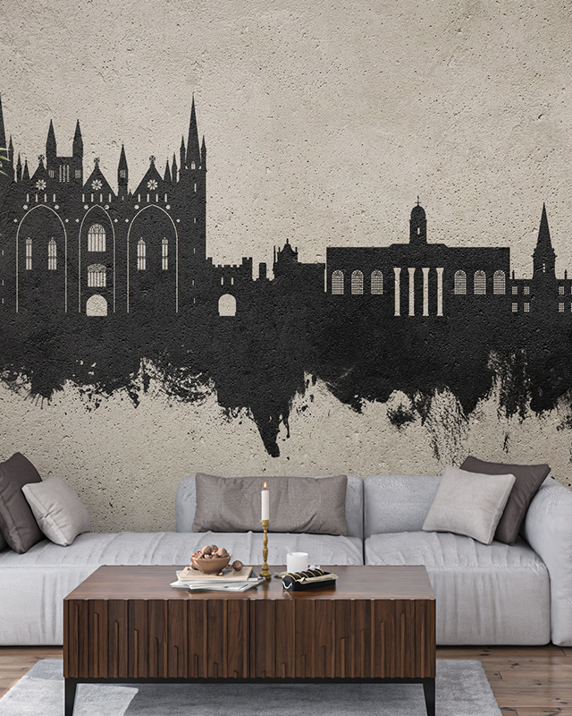 black-city-skyline-silhouette-on-textured-wall-a-dramatic-urban-wallpaper-for-open-concept-spaces-adding-industrial-style Black city skyline silhouette on textured wall, a dramatic urban wallpaper for open-concept spaces adding industrial style.