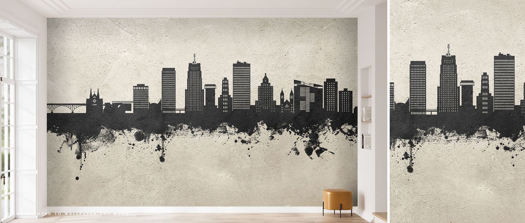 black-skyline-silhouette-on-textured-beige-wall-with-paint-splatter-effect-ideal-urban-wallpaper-for-different-room-types Black skyline silhouette on textured beige wall with paint splatter effect, ideal urban wallpaper for different room types.